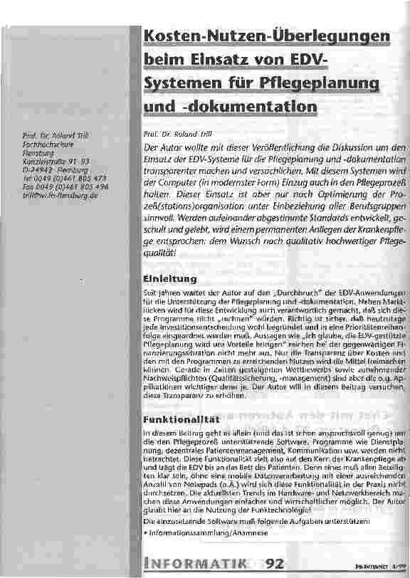 Vorschauseite 1: Kosten-Nutzen-Überlegungen beim Einsatz von EDV-Systemen für Pflegeplanung und -dokumentation