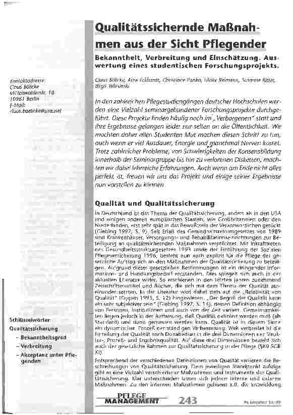 Vorschauseite 1: Qualitätssichernde Maßnahmen aus der Sicht Pflegender Bekannheit, Verbreitung und Einschätzung
