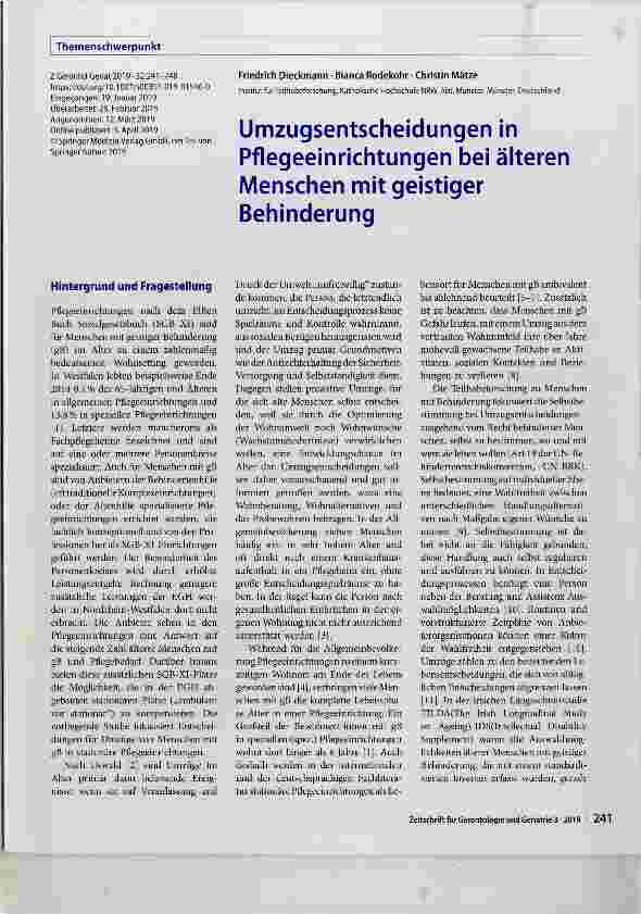 Vorschauseite 1: Umzugsentscheidungen in Pflegeeinrichtungen bei älteren Menschen mit geistiger Behinderung