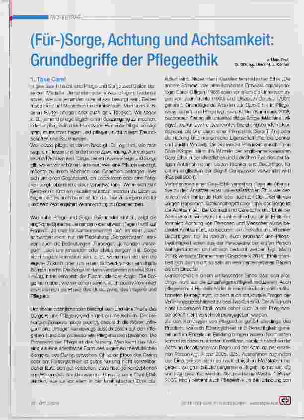 Vorschauseite 1: (Für-)Sorge, Achtung und Achtsamkeit: Grundbegriffe der Pflegeethik