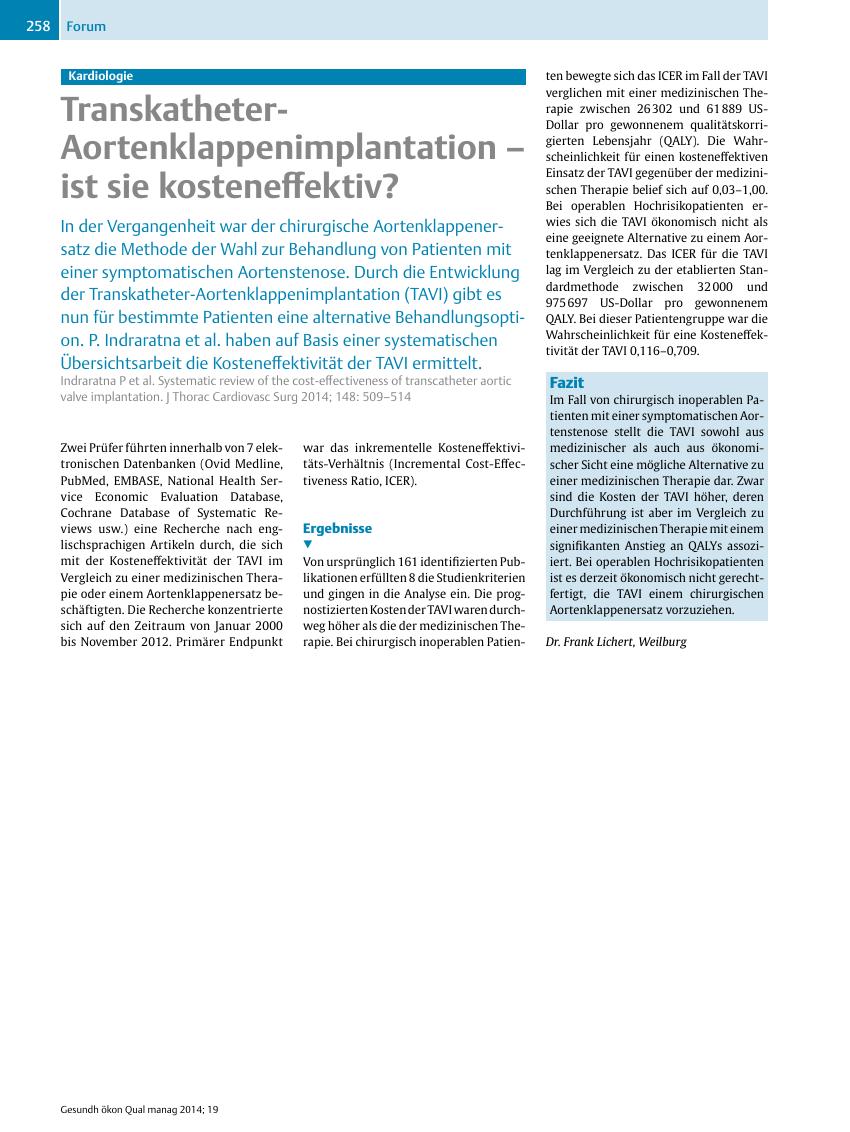 Vorschauseite 1: Kardiologie – Transkatheter-Aortenklappenimplantation – ist sie kosteneffektiv?