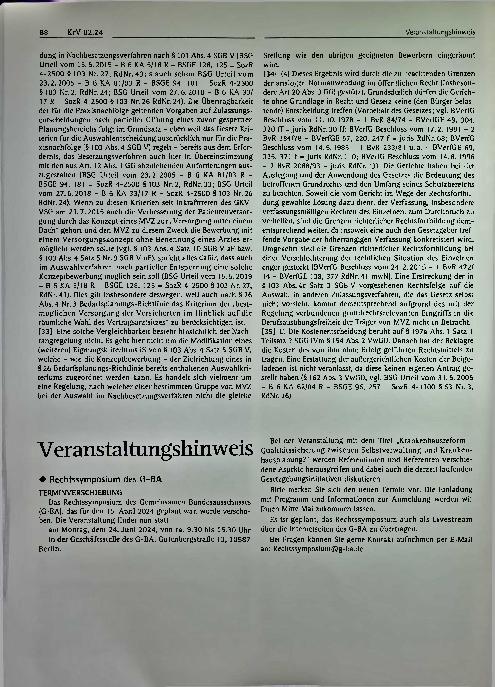 Vorschauseite 6: Vertragsärztliche Versorgung ♦ Medizinisches Versorgungszentrum (MVZ) - Nachrangregelung des §103 Abs. 4c S. 3 SGBV - keine Anwendung in einem Auswahlverfahren wegen partieller En…