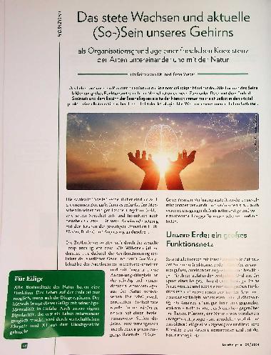 Vorschauseite 1: Das stete Wachsen und aktuelle (So-)Sein unseres Gehirns als Organisationsgrundlage einer friedlichen Koexistenz der Arten untereinander und mit der Natur.