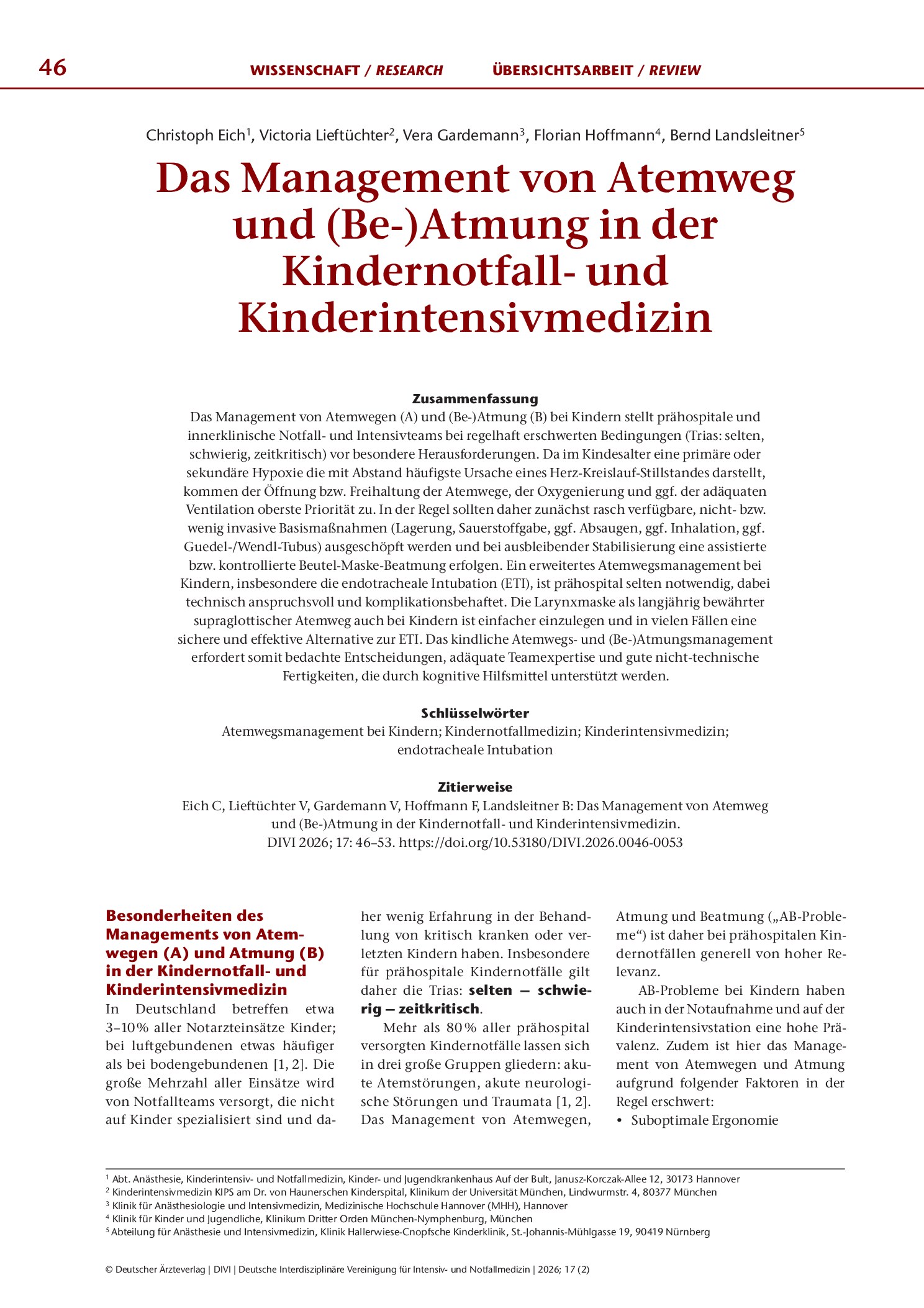 Vorschauseite 1: Das Management von Atemweg und (Be-)Atmung in der Kindernotfall- und Kinderintensivmedizin