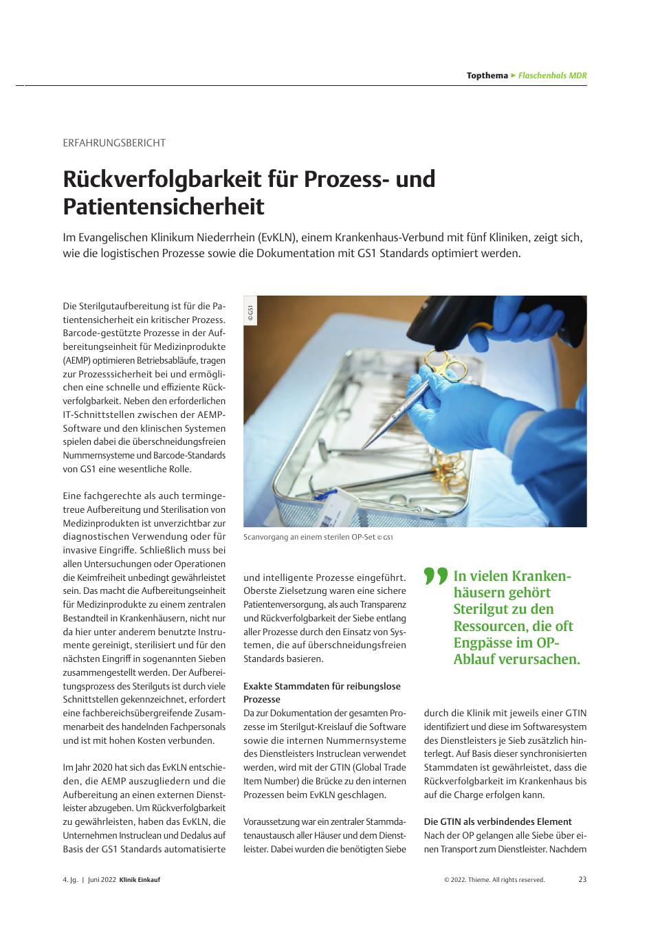 Vorschauseite 1: Erfahrungsbericht: Rückverfolgbarkeit für Prozessund Patientensicherheit
