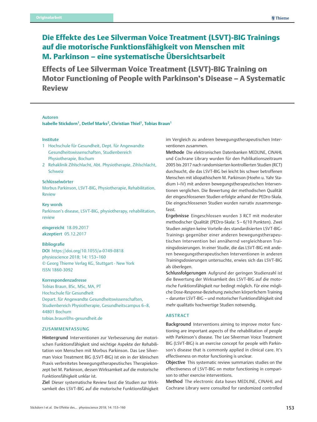 Vorschauseite 1: Die Effekte des Lee Silverman Voice Treatment (LSVT)-BIG Trainings auf die motorische Funktionsfähigkeit von Menschen mit M. Parkinson – eine systematische Übersichtsarbeit