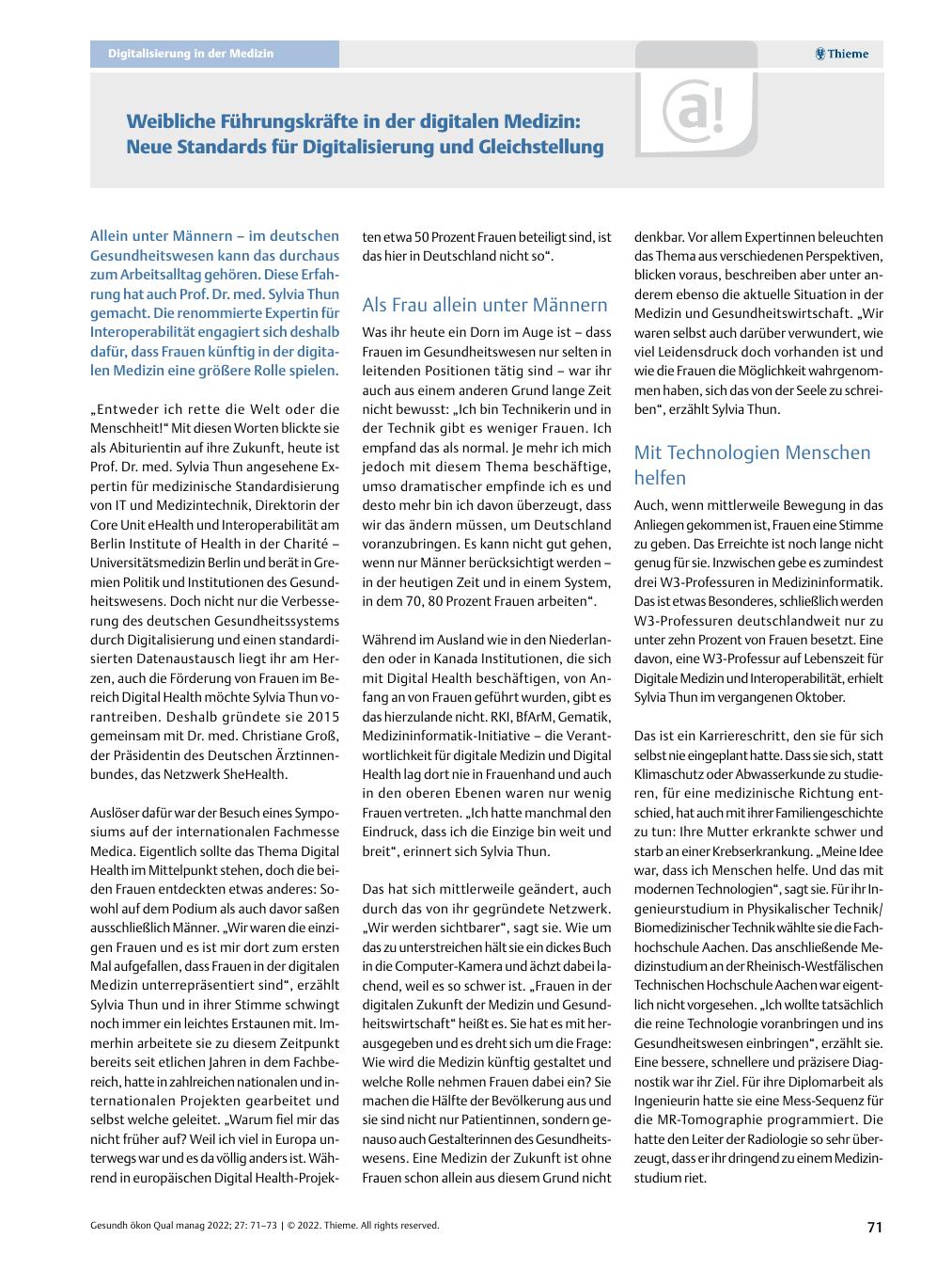 Vorschauseite 1: Digitalisierung in der Medizin – Weibliche Führungskräfte in der digitalen Medizin: Neue Standards für Digitalisierung und Gleichstellung