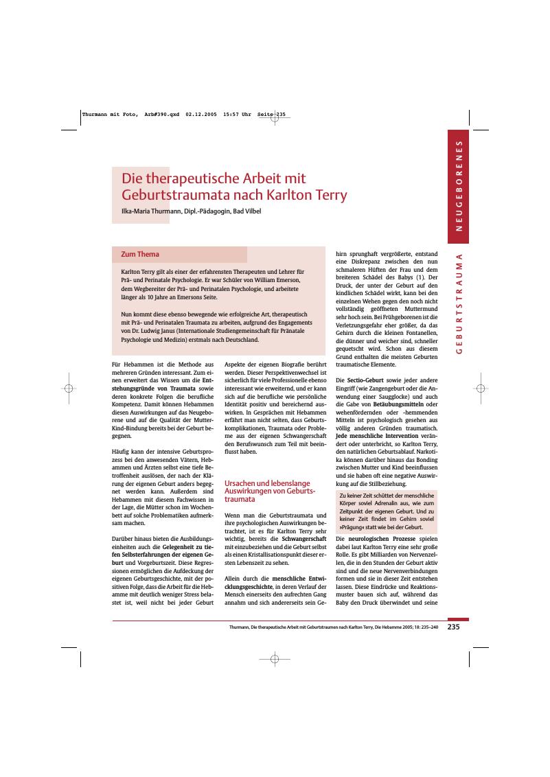 Vorschauseite 1: Die therapeutische Arbeit mit Geburtstraumata nach Karlton Terry
