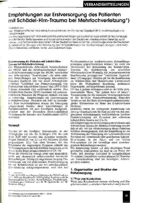 Vorschauseite 1: Empfehlungen zur Erstversorgung des Patienten mit Schädel-Hirn-Trauma bei Mehrfachverletzung