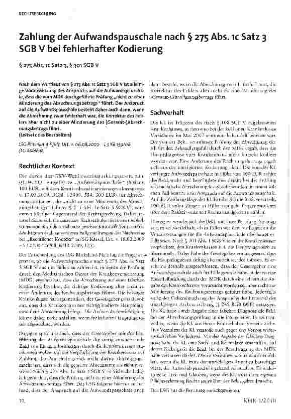 Vorschauseite 1: Zahlung der Aufwandspauschale nach § 275 Abs. ic Satz 3 SGB V bei fehlerhafter Kodierung