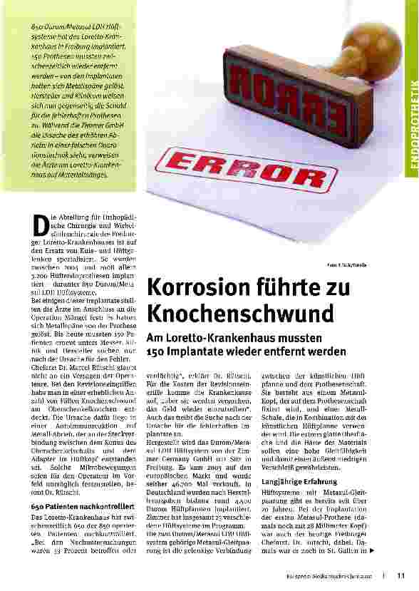 Vorschauseite 1: Korrosion führte zu Knochenschwund