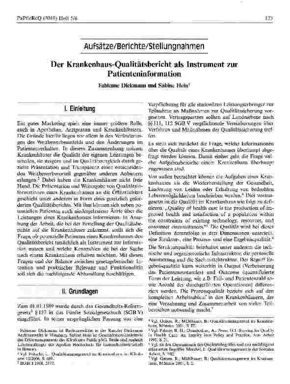 Vorschauseite 1: Der Krankenhaus-Qualitätsbericht als Instrument zur Patienteninformation