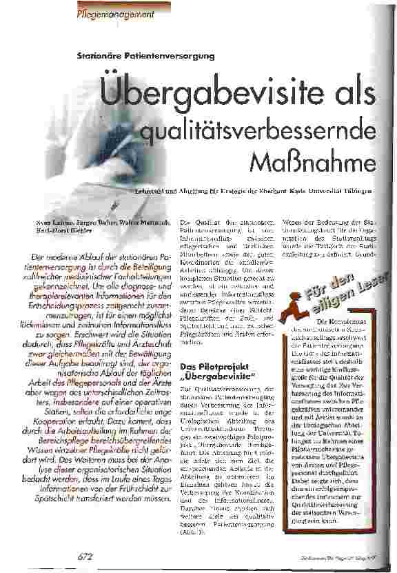 Vorschauseite 1: Übergabevisite als qualitätsverbessernde Maßnahme Stationäre Patientenversorgung