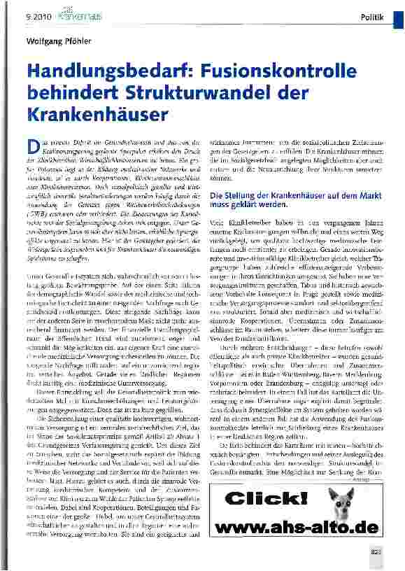 Vorschauseite 1: Handlungsbedarf: Fusionskontrolle behindert Strukturwandel der Krankenhäuser
