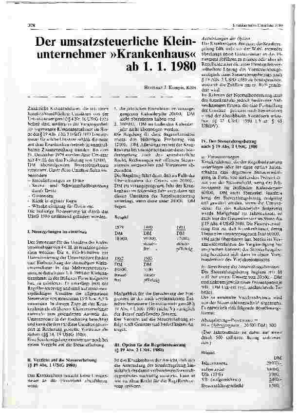 Vorschauseite 1: Der umsatzsteuerliche Kleinunternehmer »Krankenhaus« ab 1. 1. 1980