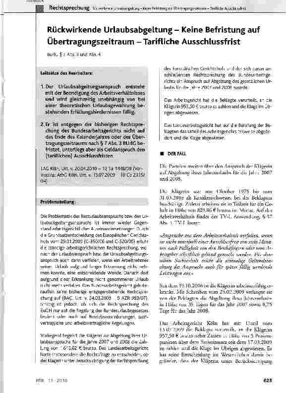 Vorschauseite 1: Rückwirkende Urlaubsabgeltung - Keine Befristung auf Übertragungszeitraum - Tarifliche Ausschlussfrist