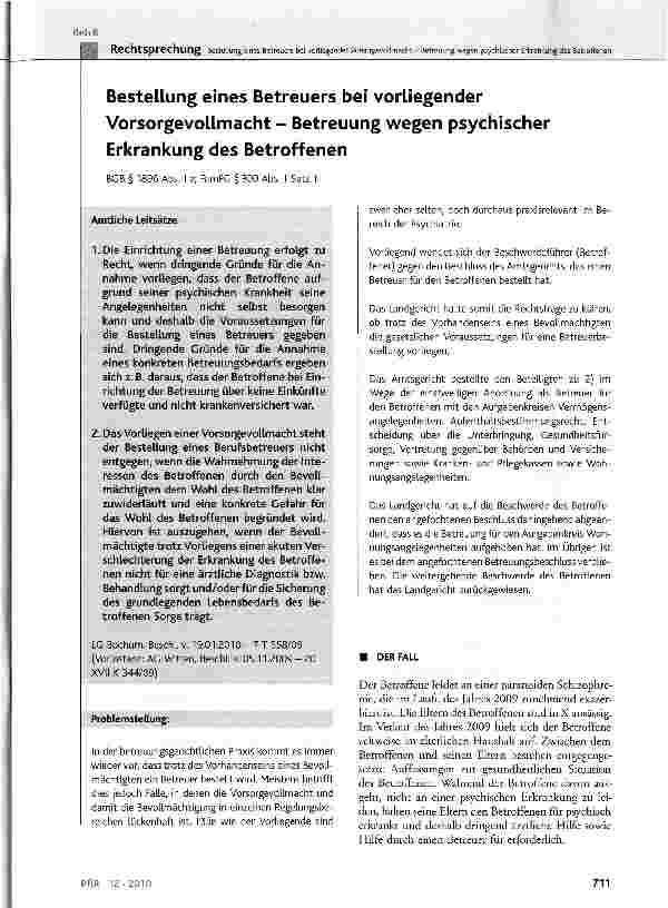 Vorschauseite 1: Bestellung eines Betreuers bei vorliegender Vorsorgevollmacht - Betreuung wegen psychischer Erkrankung des BetroffenenBGB § 1896 Abs. 1 a; FamFG § 300 Abs. 1 Satz 1