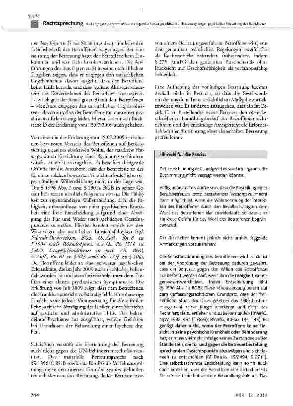 Vorschauseite 4: Bestellung eines Betreuers bei vorliegender Vorsorgevollmacht - Betreuung wegen psychischer Erkrankung des BetroffenenBGB § 1896 Abs. 1 a; FamFG § 300 Abs. 1 Satz 1