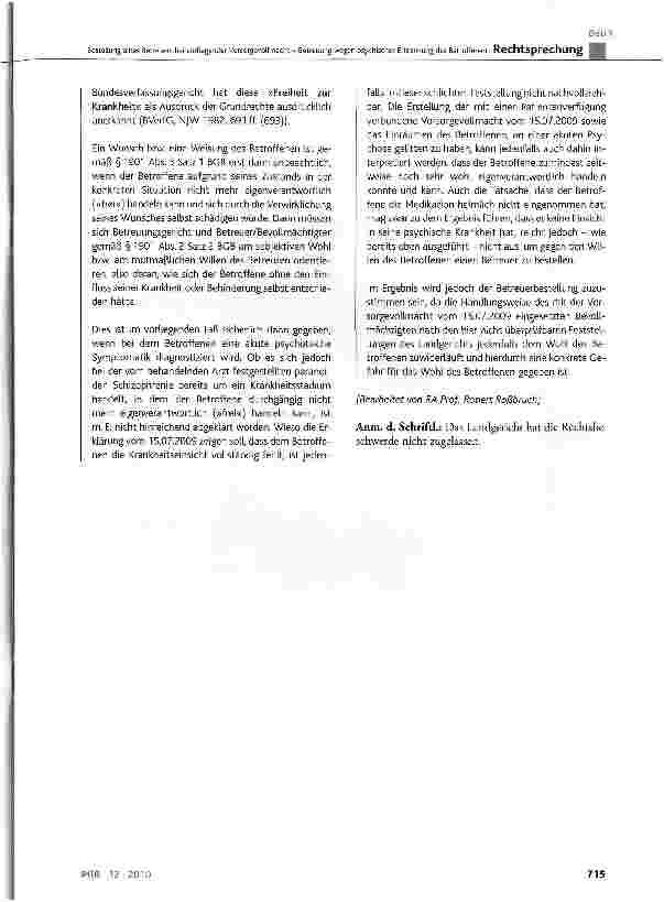 Vorschauseite 5: Bestellung eines Betreuers bei vorliegender Vorsorgevollmacht - Betreuung wegen psychischer Erkrankung des BetroffenenBGB § 1896 Abs. 1 a; FamFG § 300 Abs. 1 Satz 1