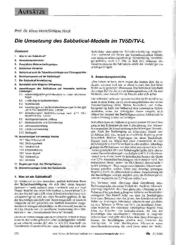 Vorschauseite 1: Die Umsetzung des Sabbatical-Modells im TVöD/TV-L