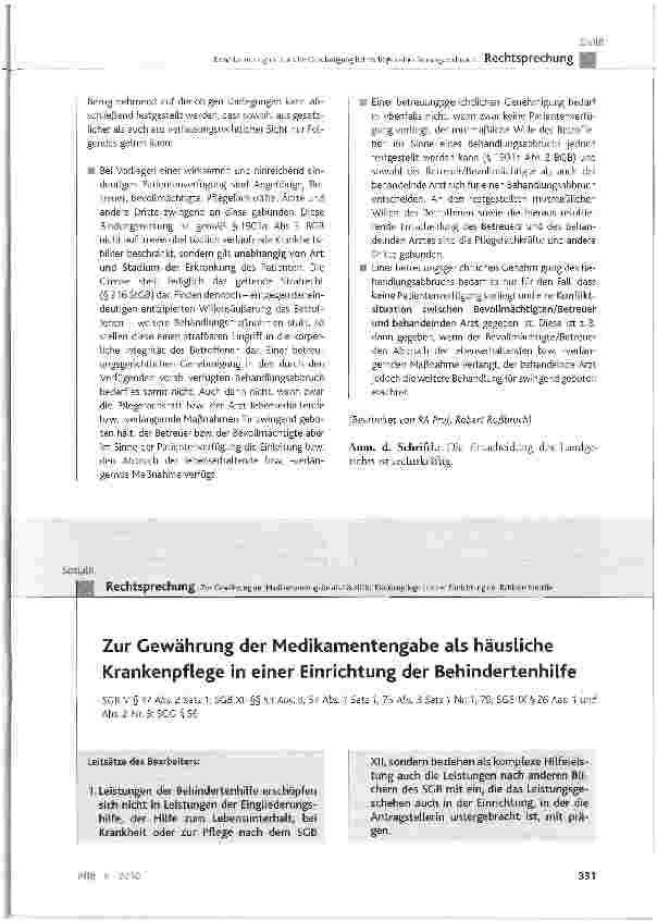 Vorschauseite 1: Zur Gewährung der Medikamentengabe als häusliche Krankenpflege in einer Einrichtung der Behindertenhilfe