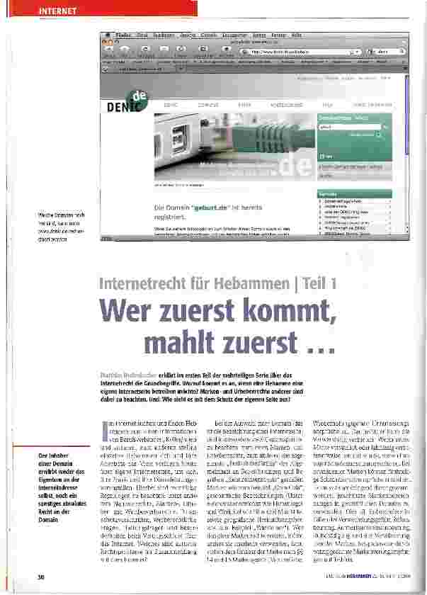 Vorschauseite 1: Internetrecht für Hebammen I Teil 1 Wer zuerst kommt, mahlt zuerst. ..