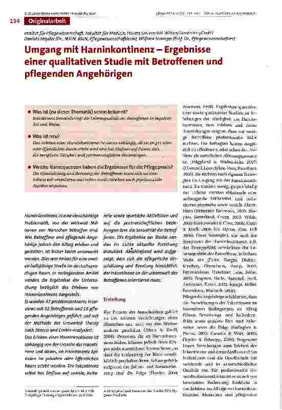 Vorschauseite 1: Umgang mit Harninkontinenz - Ergebnisse einer qualitativen Studie mit Betroffenen und pflegenden Angehörigen