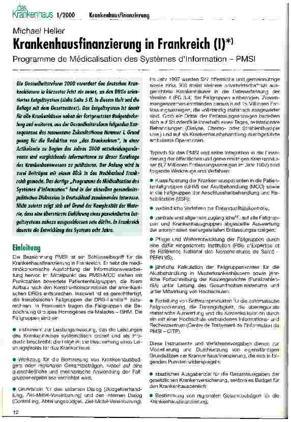 Vorschauseite 1: Krankenhausfinanzierung in Frankreich (I) Programme de Médicalisation des Systèmes dInformation - PMSI