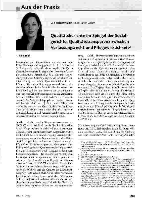 Vorschauseite 1: Qualitätsberichte im Spiegel der Sozialgerichte: Qualitätstransparenz zwischen Verfassungsrecht und Pflegewirklichkeit