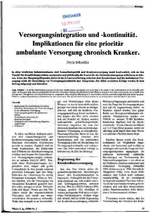 Vorschauseite 1: Versorgungsintegration und -kontinuität Implikationen für eine prioritär ambulante Versorgung chronisch Kranker