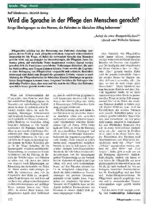 Vorschauseite 1: Wird die Sprache in der Pflege den Menschen gerecht? Einige Überlegungen zu den Namen, die Patienten im klinischen Alltag bekommen