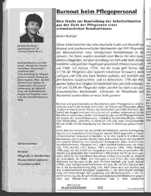 Vorschauseite 1: Burnout beim Pflegepersonal Eine Studie zur Beurteilung der Arbeitssituation aus der Sicht der Pflegenden eines schweizerischen Krankenhauses