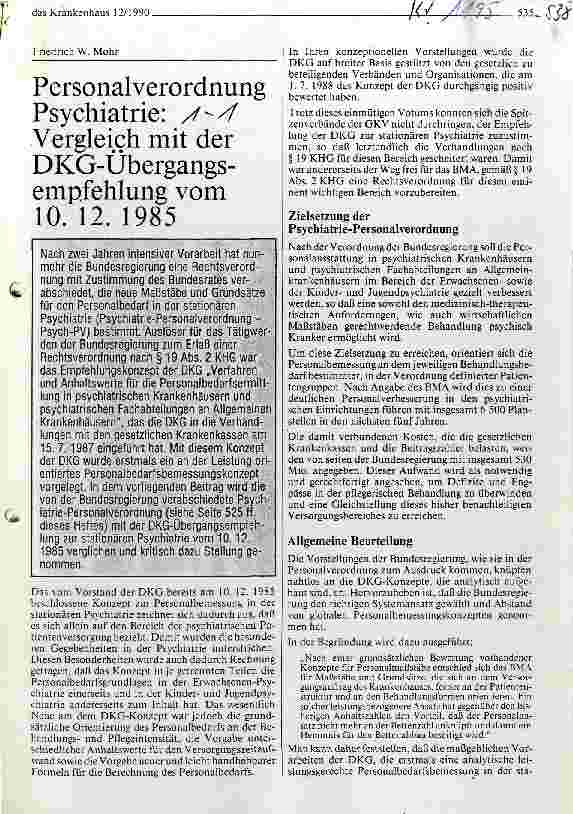 Vorschauseite 1: Personalverordnung Psychiatrie: Vergleich mit der DKG-Übergangsempfehlung vom 10. 12. 1985