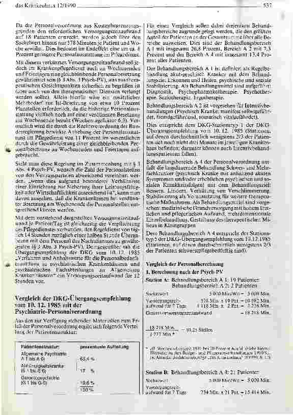 Vorschauseite 3: Personalverordnung Psychiatrie: Vergleich mit der DKG-Übergangsempfehlung vom 10. 12. 1985