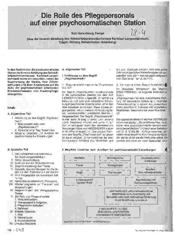 Vorschauseite 1: Die Rolle des Pflegepersonals auf einer psychosomatischen Station