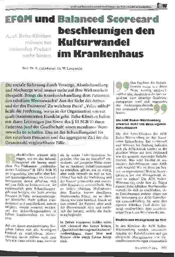 Vorschauseite 1: EFQM und Balanced Scorecard beschleunigen den Kulturwandel im Krankenhaus Auch Reha-Kliniken müssen bei sinkenden Preisen mehr bieten