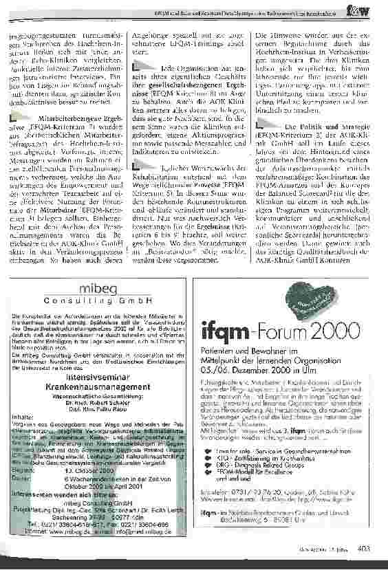 Vorschauseite 3: EFQM und Balanced Scorecard beschleunigen den Kulturwandel im Krankenhaus Auch Reha-Kliniken müssen bei sinkenden Preisen mehr bieten