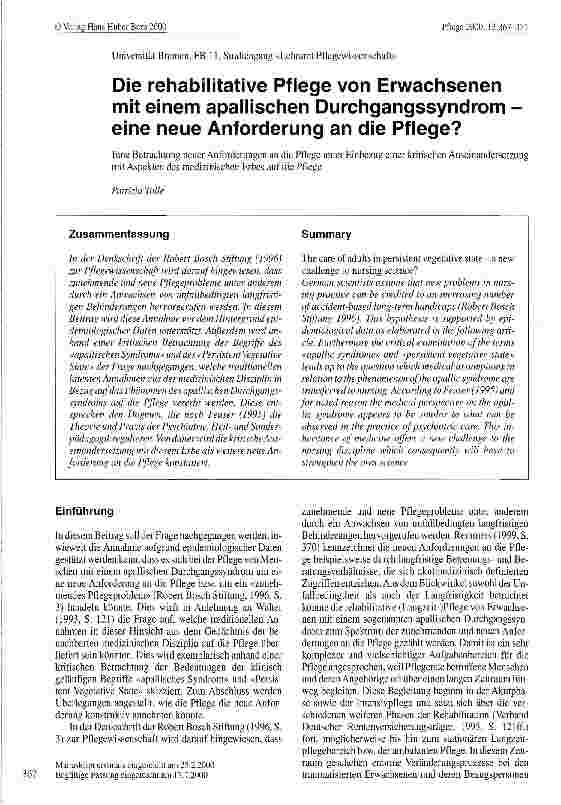 Vorschauseite 1: Die rehabilitative Pflege von Erwachsenen mit einem apallischen Durchgangssyndrom Eine neue Anforderung an die Pflege?