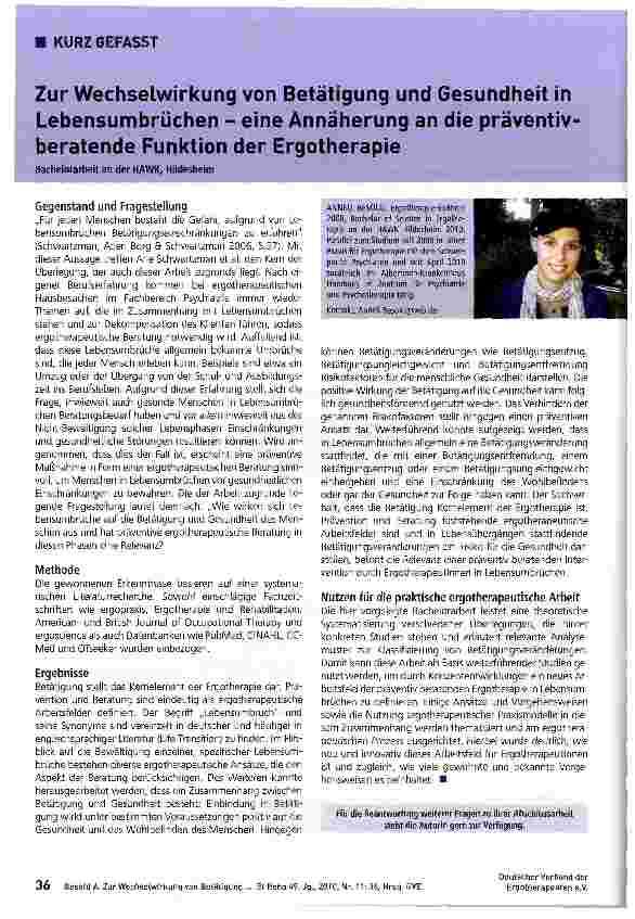 Vorschauseite 1: Zur Wechselwirkung von Betätigung und Gesundheit in Lebensumbrüchen - eine Annäherung an die präventivberatende Funktion der Ergotherapie
