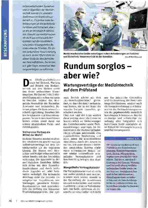 Vorschauseite 1: Rundum sorglos -aber wie? Wartungsverträge der Medizintechnik auf dem Prüfstand