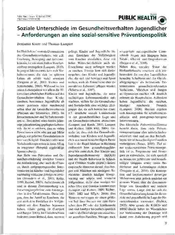 Vorschauseite 1: Soziale Unterschiede im Gesundheitsverhalten Jugendlicher -Anforderungen an eine sozial-sensitive Präventionspolitik