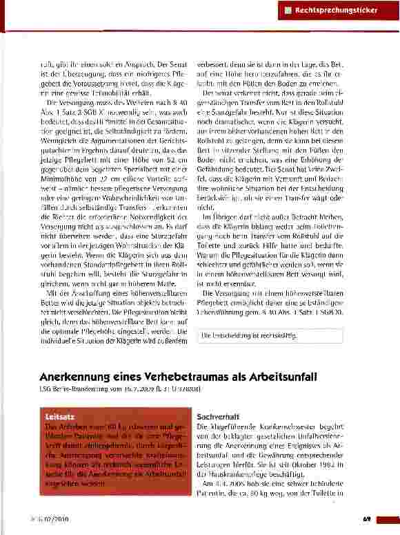 Vorschauseite 1: Anerkennung eines Verhebetraumas als Arbeitsunfall
