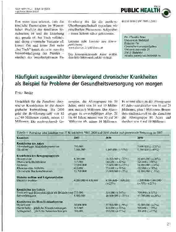 Vorschauseite 1: Häufigkeit ausgewählter überwiegend chronischer Krankheiten als Beispiel für Probleme der Gesundheitsversorgung von morgen