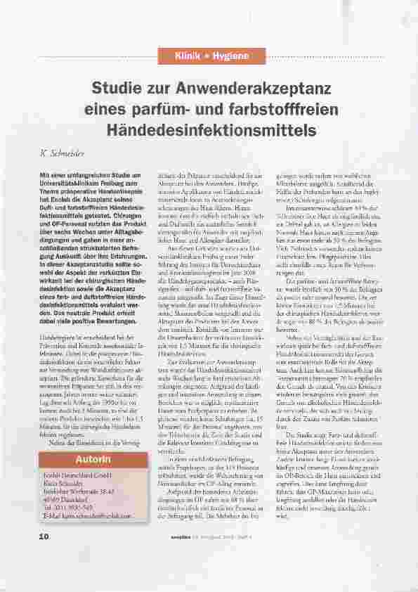 Vorschauseite 1: Studie zur Anwenderakzeptanz eines parfümund farbstofffreien Händedesinfektionsmittels