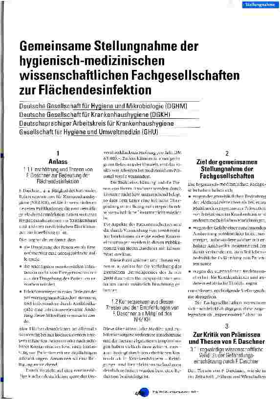 Vorschauseite 1: Gemeinsame Stellungnahme der hygienisch-medizinischen wissenschaftlichen Fachgesellschaften zur Flächendesinfektion