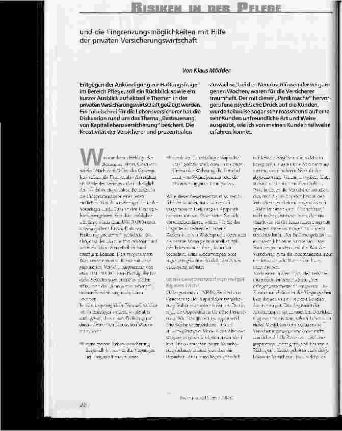 Vorschauseite 1: Risiken in der Pflege und die Eingrenzungsmöglichkeiten mit Hilfe der privaten Versicherungswirtschaft