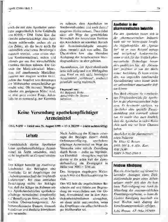 Vorschauseite 1: Keine Versendung apothekenpflichtiger Arzneimittel OVG NRW - Urteil vom 26. August 1999 - 13 A 202/99 - (nicht rechtskräftig)