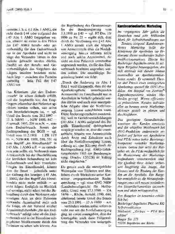 Vorschauseite 3: Keine Versendung apothekenpflichtiger Arzneimittel OVG NRW - Urteil vom 26. August 1999 - 13 A 202/99 - (nicht rechtskräftig)