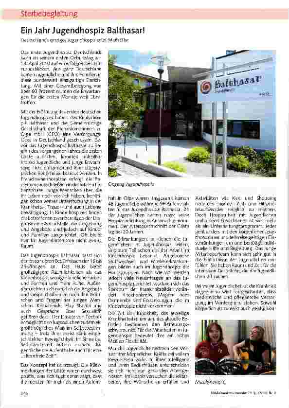 Vorschauseite 1: Ein Jahr Jugendhospiz Balthasar!