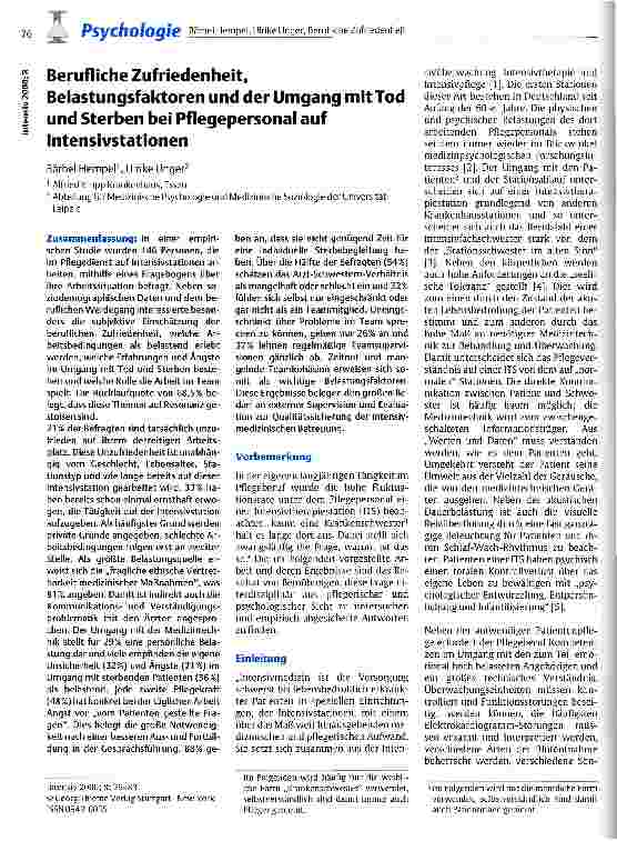 Vorschauseite 1: Berufliche Zufriedenheit, Belastungsfaktoren und der Umgang mit Tod und Sterben bei Pflegepersonal auf Intensivstationen